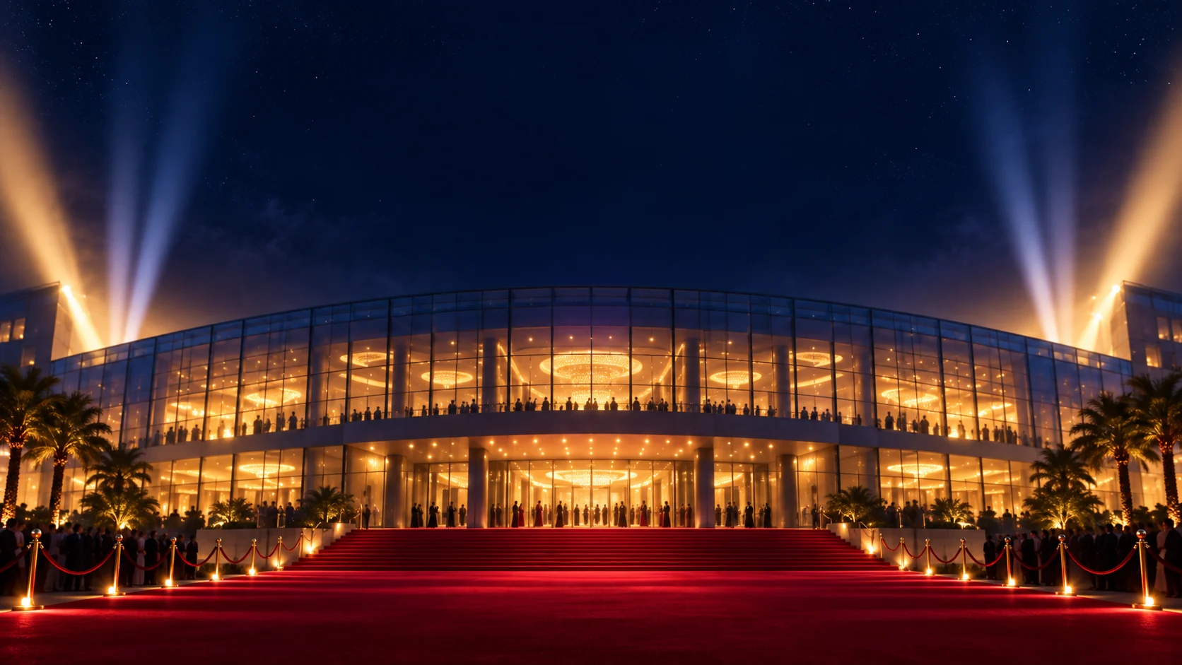 Illustration d’ambiance : une entrée de gala de nuit, un tapis rouge et des lumières dorées