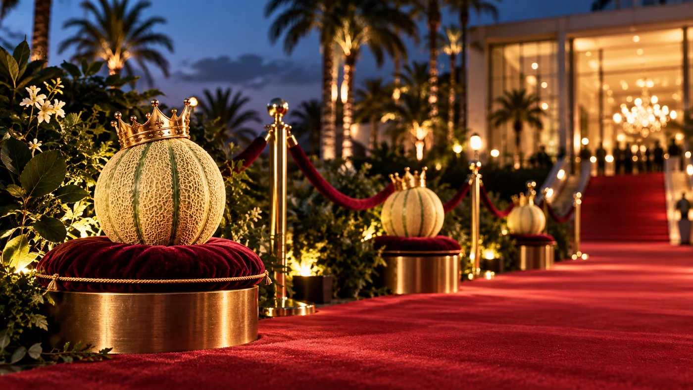 Illustration d’un tapis rouge bordé de melons couronnés, entre velours et lumières champagne