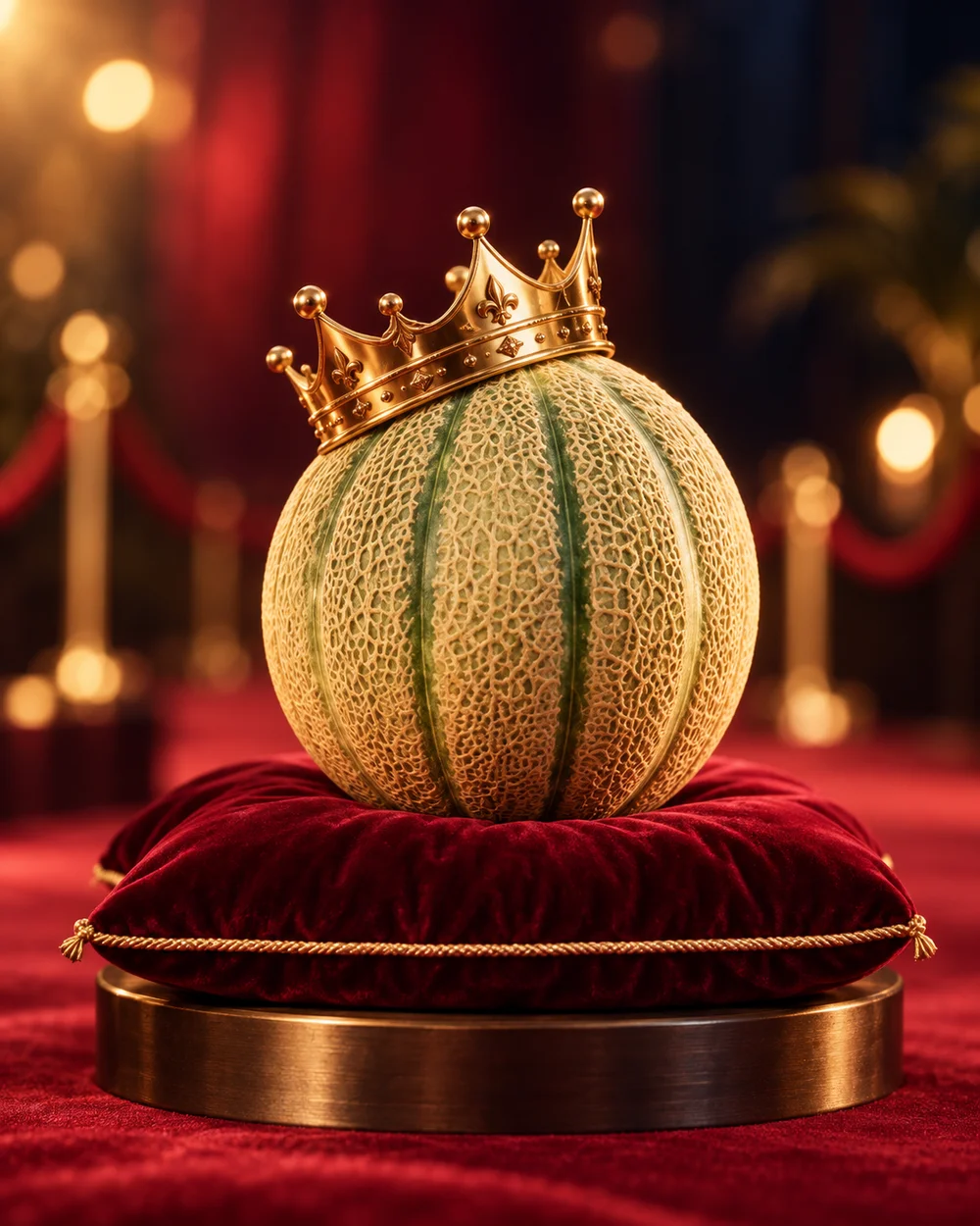 Illustration d’ambiance d’un melon couronné sur un coussin de velours bordeaux